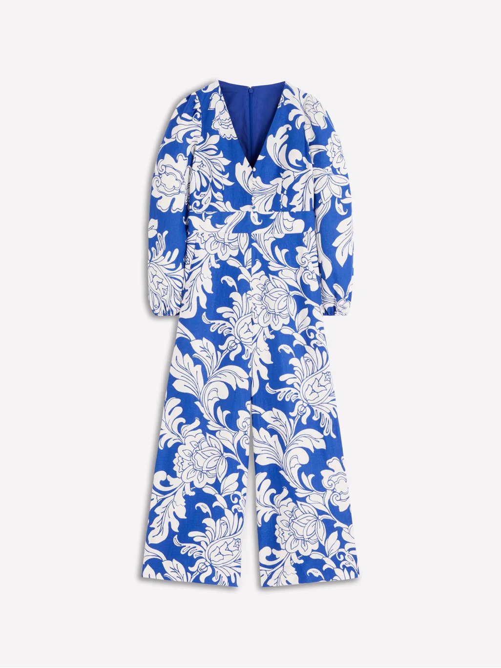 Boden Lola Linen Jumpsuit Blue Botanical Flourish Mono, 10 Petite